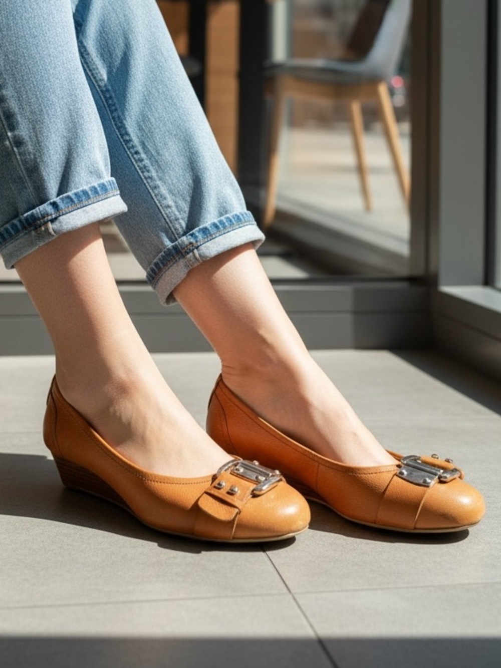 Nine West Cognac Tan Leather Buckle Low Wedge Pumps Size 8.5M